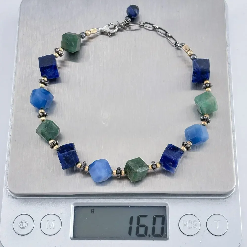 Vintage Sterling Silver 925 Lapis Aventurine Cube Bead Bracelet 7.5